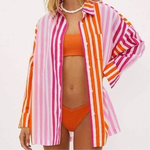 Beach Riot Alexa Coverup Button Down L/XL Sunset Stripes Pink Orange NWT
